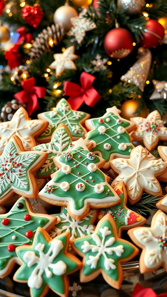 Classic Christmas Sugar Cookies Recipe Decorated Christmas sugar cookies in festive shapes with icing and sprinkles on a holiday-themed background.